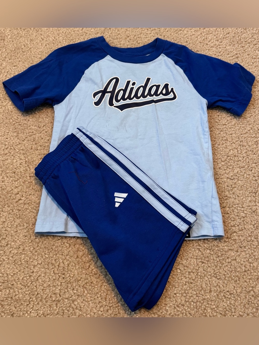 adidas Light Blue and Navy Raglan Tee & Shorts Set